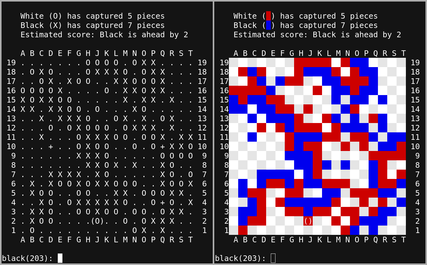 Screenshot: ASCII mode (left) vs ANSI mode (right)
